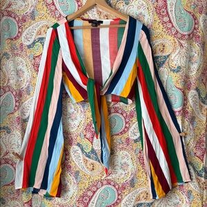 Bright Sz M Striped Cropped Blouse Bell Sleeves  Circus Dopamine Quirky EUC